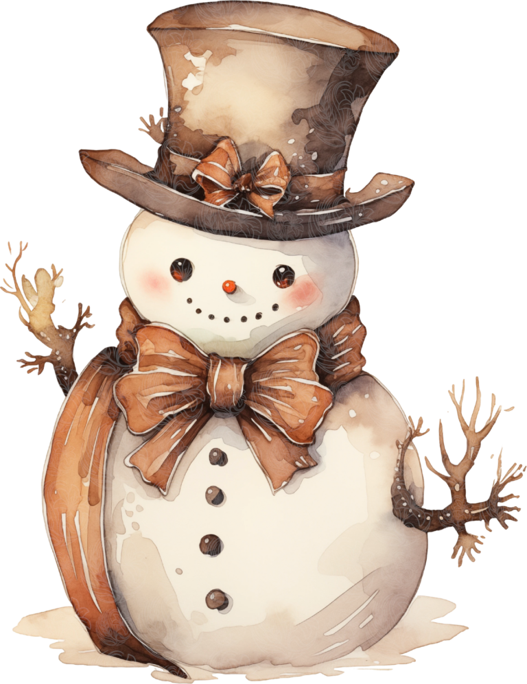 Vintage christmas snowman in top hat brown scarf and bow watercolour illustration, Grey Barn Handwerk, Saskatchewan.